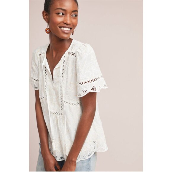 Anthropologie Feather & Bone White Embroidered Eyelet Boho Peasant Top Tassel Ti - Picture 1 of 9